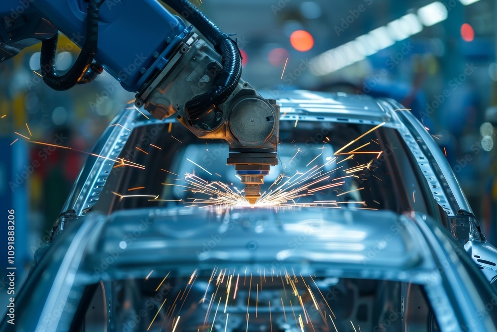 Poster a robotic arm is executing a welding process, producing sparks as it joins components of a car chass