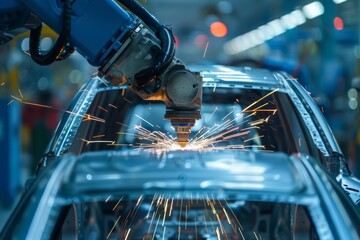 A robotic arm is executing a welding process, producing sparks as it joins components of a car chassis in a busy manufacturing facility filled with machinery.
