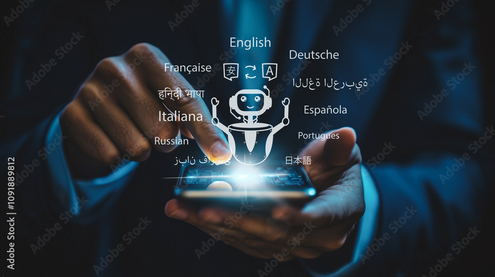 Poster ai-powered translation technology: a person uses a smartphone to access a virtual translation tool, 