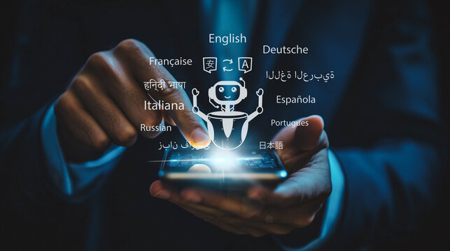 AI-powered translation technology: A person uses a smartphone to access a virtual translation tool, showcasing real-time language conversion capabilities in multiple languages.