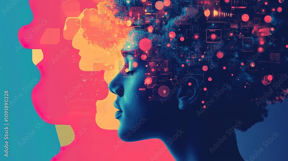 Poster abstract portrait with digital elements and a vibrant color palette. .