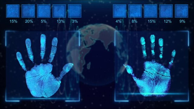 Animation of a Fingerprint reader hand scanning for Futuristic personal identification Biometric authentication security scan animation. palm password id blue searching for fingerprints in database