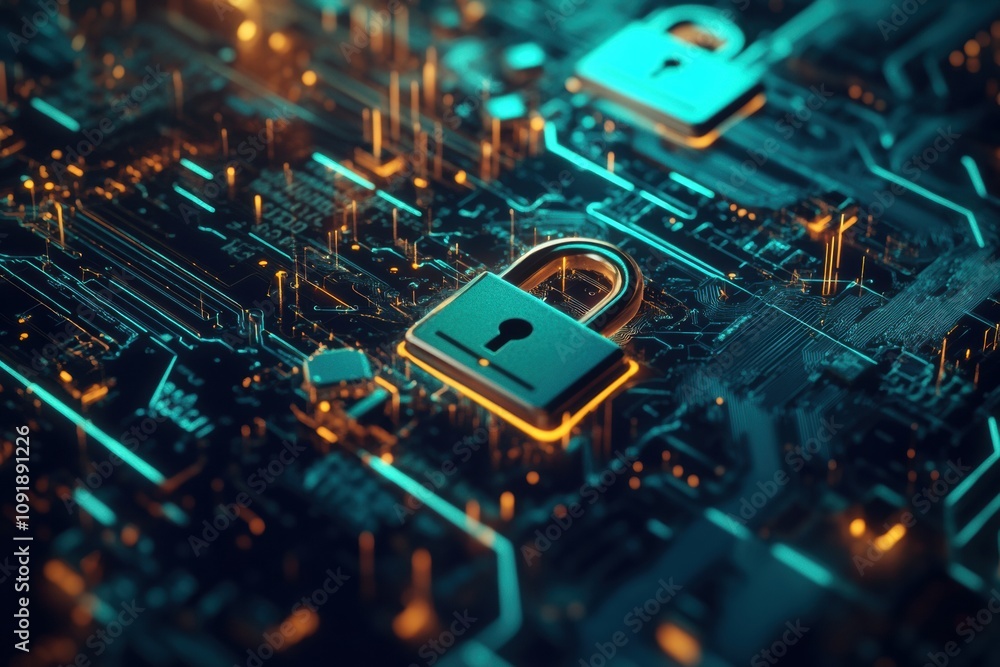 Poster Vibrant abstract design highlights padlocks and keys, blending technology with security concepts in a visually striking manner. Generative AI