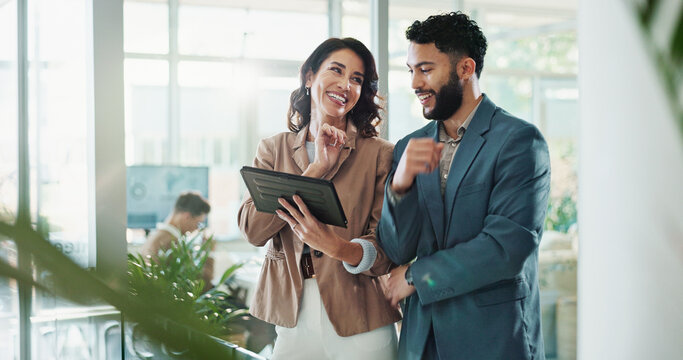 Happy, business people and meeting with tablet for discussion, proposal or project plan at office. Businessman, woman or colleagues with smile on technology for company growth or ideas at workplace