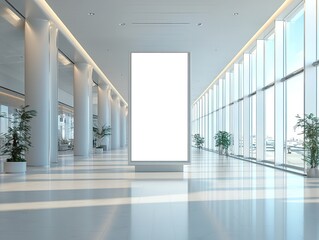 Blank billboard in a bright, modern hallway with large windows. .