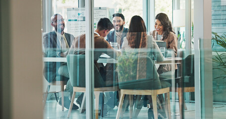 Glass, happy or business people meeting with group for feedback and discussion or teamwork....