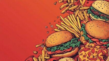 Delicious burgers and french fries forming a tasty background