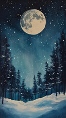 Naklejka premium Forest in winter under a snowy night with a glowing full moon, creating a serene wallpaper landscape that captures the season’s nature and sky in a beautiful outdoor setting for holiday inspiration