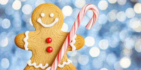 Naklejka premium Festive gingerbread man with peppermint candy cane on sparkling background