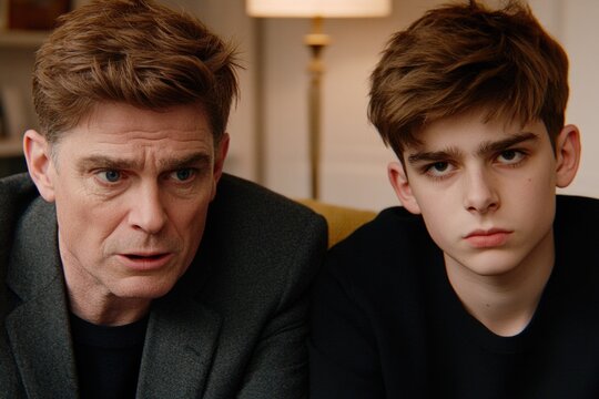 Caucasian father and teen son sitting together in thoughtful moment