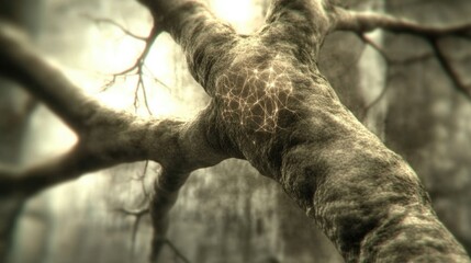 Neural network concept in tree branch structure with glowing connections