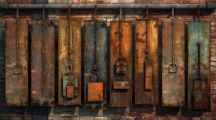 Rustic Metal Plates Hanging On Brick Wall