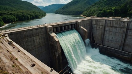 Water cascades from a dam into a river surrounded by hills on a clear day near a scenic valley