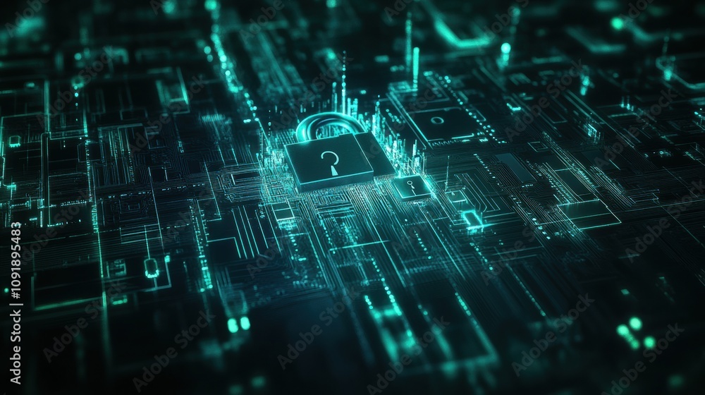 Poster This artwork features an intricate design of padlocks and keys against a digital backdrop, evoking themes of security and technology. Generative AI