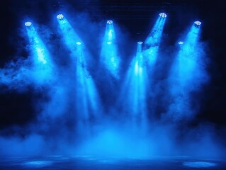 Naklejka premium Vibrant blue stage lights shining through fog, concept for live concert, event promotion and nightclub ambiance