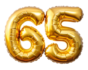 golden foil balloon for birthday in the shape of the number 65, isolated on the white background