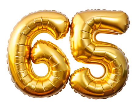 golden foil balloon for birthday in the shape of the number 65, isolated on the white background