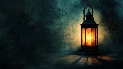 Old lantern casting light and shadows in a dark room