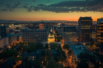 Naklejka premium The skyline showcases brightly lit buildings and the historic dome against a vibrant twilight sky, blending urban life with serene evening hues in the downtown area.