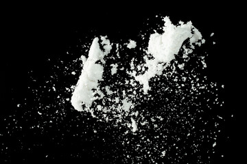 Snow dust element falling over dark night. Fluffy White snow splash flying or throwing in mid air....