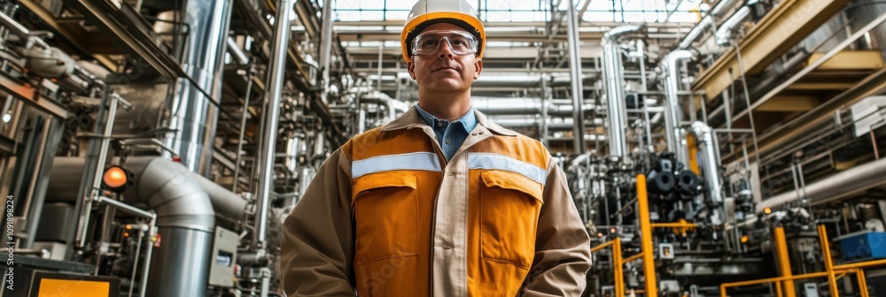 Poster an engineer in safety gear observes the busy factory environment, surrounded by intricate machinery 