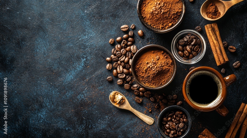 Poster coffee beans and spices with a rustic setup