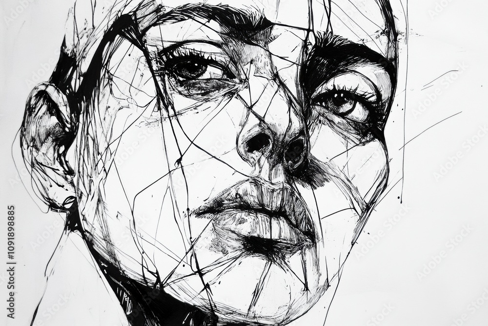 Poster Intricate portrait highlights deep emotions using bold lines and dramatic shadows, revealing the intensity of the subject’s expression. Generative AI