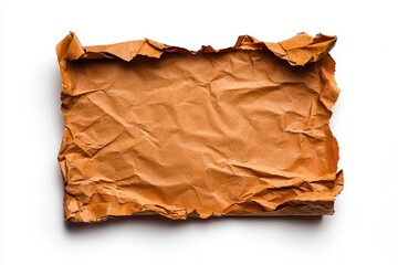 A crumpled piece of brown paper rests on a white background, showcasing its texture and imperfections.