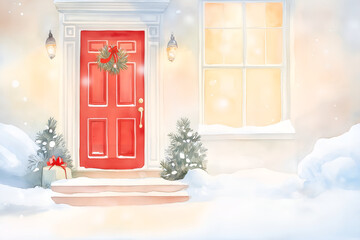 Fototapeta premium Festively decorated entrance to home. Red door with Christmas wreath