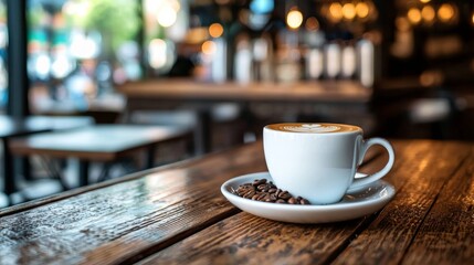 Fototapeta premium Cup of latte coffee with foam art in a cozy cafe