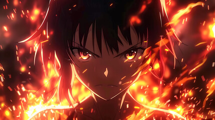 Intense Anime Character Surrounded by Fiery Flames with Piercing Eyes and Dynamic Expression, Capturing the Essence of Strength and Determination in an Action-Packed Scene