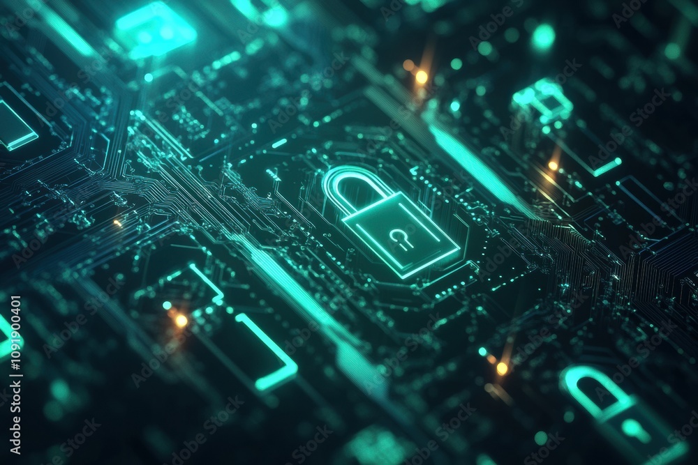 Poster colorful padlocks and keys are artistically arranged within an abstract digital landscape, emphasizi