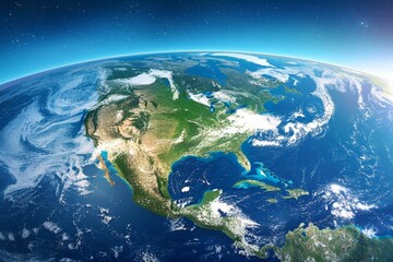 Fototapeta premium This breathtaking perspective reveals the vast expanse of Earth with North Americaâ€™s coastline prominently displayed against the deep blue of the surrounding oceans under daylight.