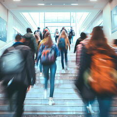 blurred shot of high school students walking up the stairs between classes in a busy school building, ai with a white accent, flat design, png