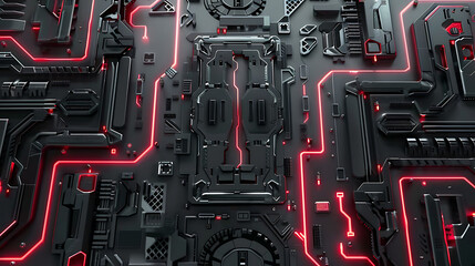 Fototapeta premium Futuristic Digital Circuit Board with Red Neon Lights and Complex Technology Patterns Ideal for Sci-Fi and Tech-Themed Designs and Projects