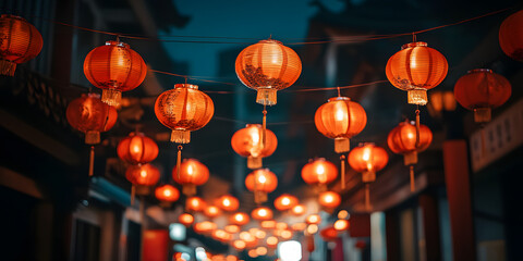 Lanternas vermelhas vibrantes e decorações douradas para o Ano Novo Chinês