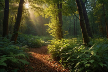 Obraz premium Depict the gentle rustle of leaves as a breeze stirs through the forest, creating a dynamic and lively atmosphere