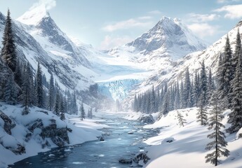 Obraz premium A beautiful winter landscape with snow-covered mountains, pine trees, and an icy river flowing through the valley.