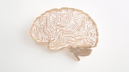 Circuit board shaped like a human brain, symbolizing technology and artificial intelligence, with clean lines and minimalistic design.