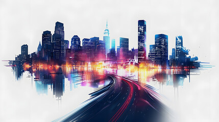 nighttime cityscape with light trails with a white accent, detailed, png