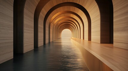 A serene architectural space featuring wooden arches above calm water, leading to a bright light at the end of the corridor.