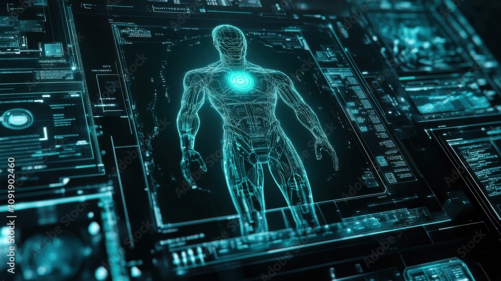 Poster a digital rendering of a humanoid robot connected to futuristic technology screens and data visualiz