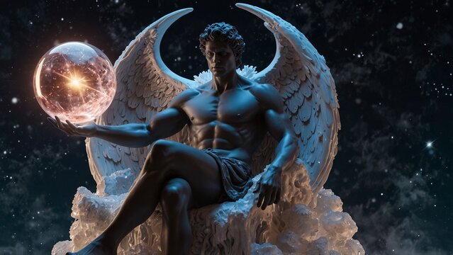 Hypnos, the Greek god of dreams, seated on an ice-sculpted Christmas chair, holding a glowing crystal ball