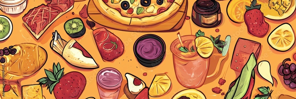 Poster vivid doodles display an array of delicious foods including pizza, sushi, fruits, drinks, and desser