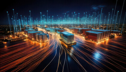 Obraz premium 3D visualization of interconnected supply chain points with glowing data streams inventory management concept
