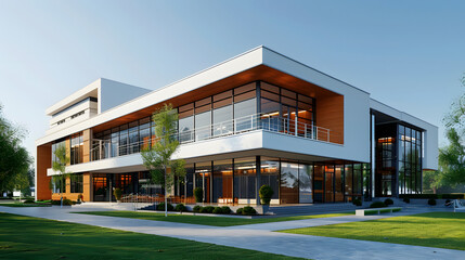 Fototapeta premium generic, basic design school building. 3d illustration with a white accent, photo, png