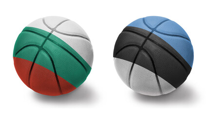 basketball balls with the national flags of estonia and bulgaria on the white background.