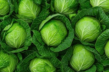 Fototapeta premium Fresh green cabbages tightly packed, showcasing their vibrant leaves and round shape, creating a lush and healthy vegetable display.