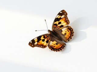 A lone butterfly with beautiful brown and yellow wings resting on a soft white surface, highlighting its intricate patterns, surface, macro photography, wing pattern