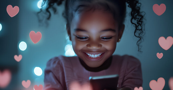 Smiling Black girl with a smartphone surrounded by floating heart icons, ideal for promoting educational apps and tech ads.